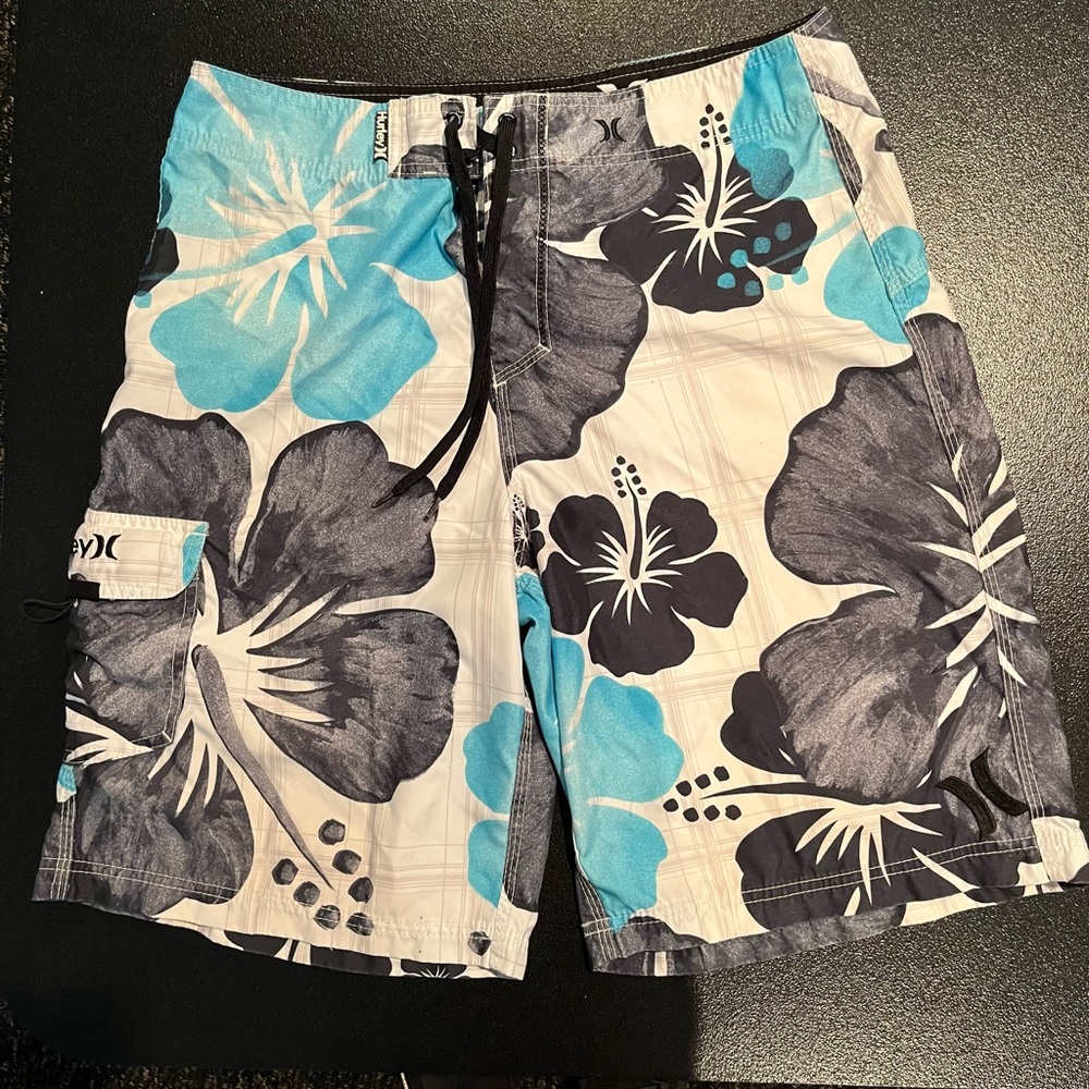 Hurley Board Shorts. Size 32. White, gray black and turquoise floral.